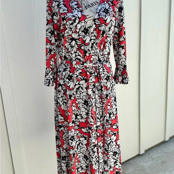 Leota XL Floral Faux Wrap Midi Dress Red Dark Pink White Stretch Jersey V-Neck - Picture 4 of 9
